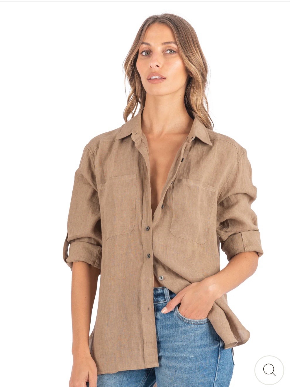Camixa Women's Relaxed Button-Up Tan 100% Linen Shirt With Pockets Summer Xs/S